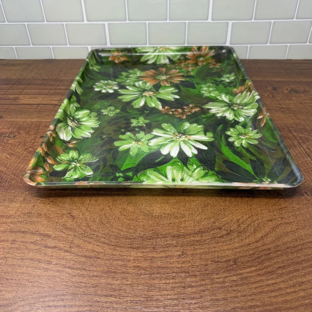 VTG 1960s MCM Fiberglass Floral Serving Tray 16x12 Green‎ Daisy Retro